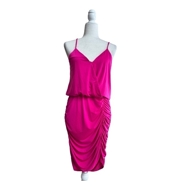 Krisa Fuchsia Pink Ruched Skirt Spaghetti Strap Womens Size XS Revolve NEW - Picture 1 of 14